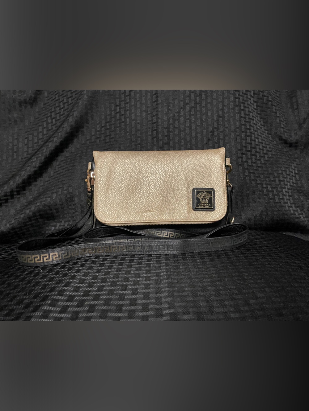 Versace Gold Pebbled Leather Crossbody with Greek Key Strap/ good condition
